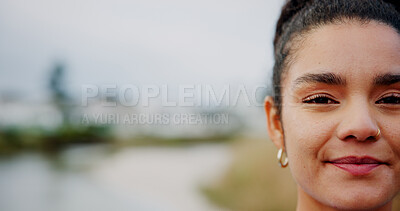 Buy stock photo Environmental, portrait and space with woman outdoor in nature for conservation or sustainability. Banner, eco friendly and protection with person at lake in park for awareness in net zero ecology