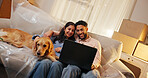 Dog, laptop and relax with couple in new home for moving house, property investment or relocation. Boxes, computer and real estate with happy people in living room of apartment for break together