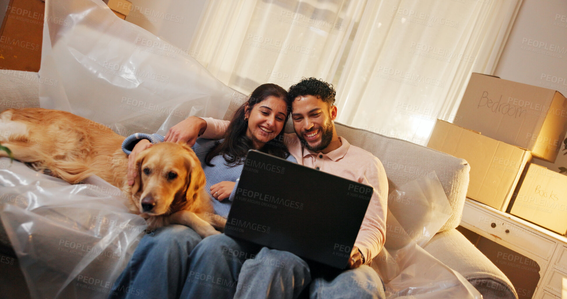 Buy stock photo Dog, laptop and relax with couple in new home for moving house, property investment or relocation. Boxes, computer and real estate with happy people in living room of apartment for break together