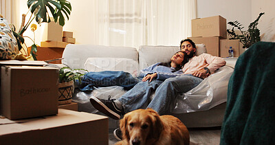 Buy stock photo Dog, moving in and couple sleeping in new home for relocation fatigue, security and investment. Exhausted, people and resting at night for unpacking burnout, real estate goals and pet friendly house