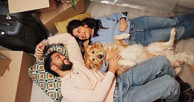 Buy stock photo Couple, dog and relax on floor in new house for mortgage success, relocation and bonding together. Above, people and happy with pet in first home for property investment, moving in and achievement