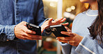 Cellphone, networking and hands of couple with texting in coffee shop for contact on mobile app. Technology, communication and man with woman on phone for connectivity in cafe, diner or restaurant.