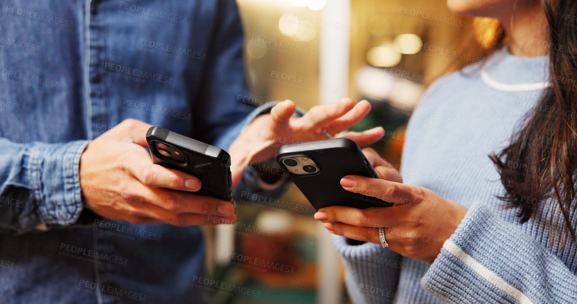 Buy stock photo Cellphone, networking and hands of couple with texting in coffee shop for contact on mobile app. Technology, communication and man with woman on phone for connectivity in cafe, diner or restaurant.