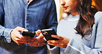 Phone, communication and hands of couple with texting in coffee shop for contact on mobile app. Technology, networking and people on cellphone for social media, connectivity or notification in cafe.