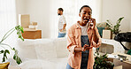 Moving, angry woman and phone call in home for real estate, lost boxes or delivery mistake. Mobile, talking and customer with complaint for package, relocation or poor service with African couple
