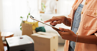 Buy stock photo Clipboard, moving and hands of woman in new home for information on renovations or interior design. Living room, cardboard boxes and female person with checklist for planning maintenance in house.