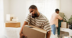 Box, moving house and phone call with black couple in living room for relocation or update. Carry, conversation and real estate with people in home for discussion, packing or property planning