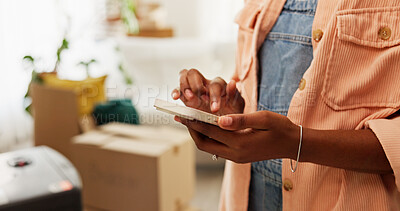 Buy stock photo Cellphone, moving and hands of woman in new home with networking, research or communication on app. Technology, contact and female person with connectivity on phone in living room at apartment.