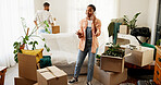 Moving, angry woman and phone call in home with boxes, delivery mistake and shipping damage. Mobile, talking and customer with complaint for package, real estate or poor service with African couple
