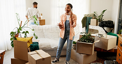 Buy stock photo Moving, angry woman and phone call in home with boxes, delivery mistake and shipping damage. Mobile, talking and customer with complaint for package, real estate or poor service with African couple