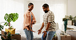 Boxes, dance and moving house with black couple in living room for celebration or relocation. Having fun, music and success with happy people in home together for property or real estate investment