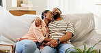 Black couple, hug and sleep on couch at new house for moving fatigue, property purchase and bonding. Tired, people and relax on sofa with exhaustion, relocation burnout and overworked from unpacking