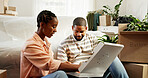 Food, moving and new home of black couple as happy property owners, relocation and eating. Man, woman and sharing pizza or meal with trust, marriage and purchase of box space on unpacking break