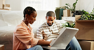 Buy stock photo Food, moving and new home of black couple as happy property owners, relocation and eating. Man, woman and sharing pizza or meal with trust, marriage and purchase of box space on unpacking break