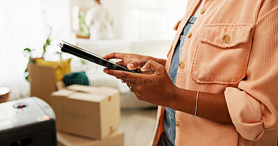 Buy stock photo Tablet, moving and hands of woman in new house for research on renovations, interior design or online shopping. Digital technology, cardboard boxes and female person on app for ecommerce purchase.