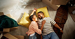 Above, black couple and relax on floor of new home, happy and love with real estate dream. Man, woman and smile in living room with rest, investment opportunity and tired from moving in with comfort