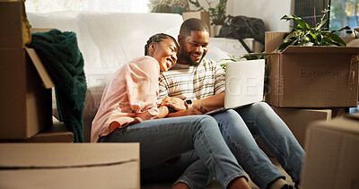 Buy stock photo Happy, couple and browsing on laptop in new home, research or planning for renovation or discussion. Bonding, black woman and man with tech for online shopping, relocation and furniture on website