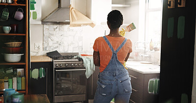 Buy stock photo DIY, ideas and paintbrush with black woman in kitchen of new house for maintenance from back. Painting, real estate and thinking with homeowner person in apartment for development or renovation