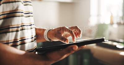 Buy stock photo Tablet, hands and person scroll in home for renovation, online shopping and remodeling. Technology, kitchen and man on website for communication, search and purchase painting supplies for upgrade