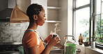 Thinking, coffee and happy black woman in kitchen for vision, inspiration and peace. Reflection, morning tea and person in home by window with view, daydreaming and decision with steam from drink