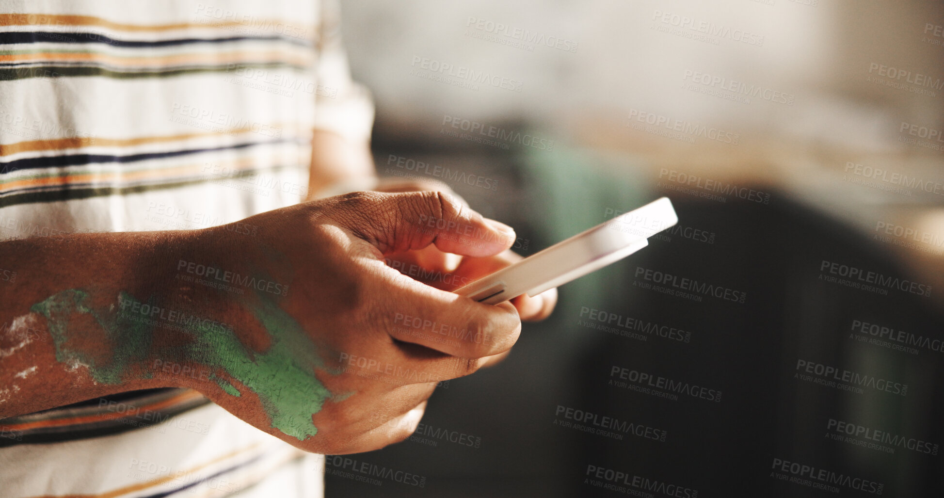 Buy stock photo Hands, person and typing with phone at new house for planning, renovation and interior design. Homeowner, painting and mobile for online inspiration, remodeling ideas and diy project of home makeover