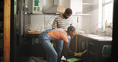 Buy stock photo Painting, help and couple in home for renovation, diy project or remodeling together. African man, woman and paintbrush in house on kitchen cabinet for property improvement, creative upgrade or color