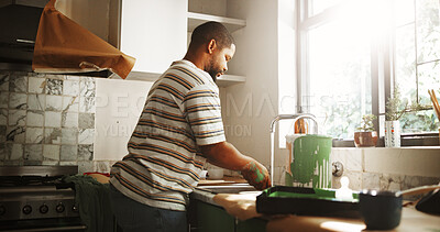 Buy stock photo Washing, hands and man in kitchen, remodeling and paint removal with water in new house and hygiene. Painter, black person and cleaning color with liquid for disinfection, sink and home renovation