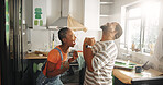 Excited, couple and celebration for home improvement, paint or remodeling of kitchen or achievement. Happy, black man and woman with diy project, success and color for house, renovation and makeover