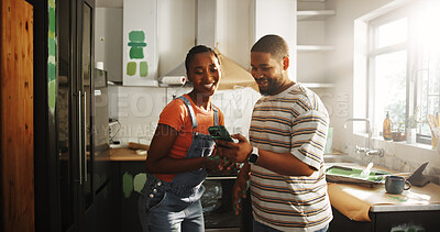 Buy stock photo Happy, black couple and phone for painting new house for planning, renovation and interior design. Smile, people and mobile with online inspiration, remodeling ideas and diy project for home makeover