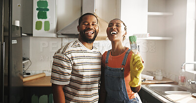 Buy stock photo Painting, remodeling and portrait of black couple in home for diy, renovation and creative project. Interior design, kitchen and happy man and woman with paintbrush for decor, makeover and upgrade