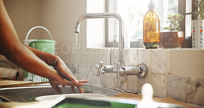 Buy stock photo Hygiene, faucet and woman washing hands in kitchen for healthcare, wellness or disinfectant. Water, sink and female person cleaning skin for prevention of bacteria, dirt or germs in apartment.
