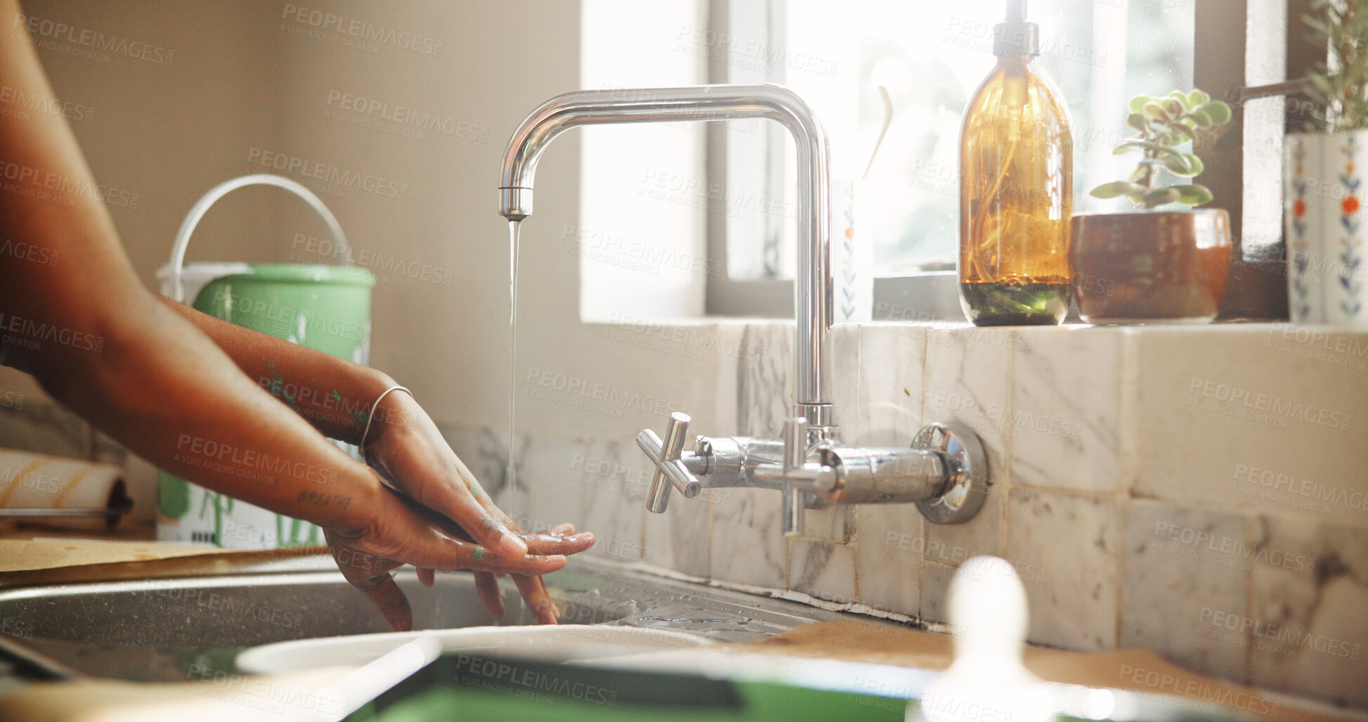 Buy stock photo Hygiene, faucet and woman washing hands in kitchen for healthcare, wellness or disinfectant. Water, sink and female person cleaning skin for prevention of bacteria, dirt or germs in apartment.