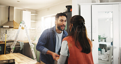 Buy stock photo Dance, diy and renovation with couple in kitchen of apartment together for home improvement. Celebration, maintenance and music with people in new house for remodeling, repairs or restoration