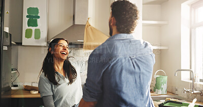 Buy stock photo DIY, laughing and renovation with couple in kitchen of apartment together for remodeling project. Funny, maintenance and painting with happy people in new home for improvement or property investment