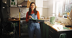 Portrait, woman and smile for painting new house for renovation, interior design and decoration. Happy, female person and tray with paint brush for diy improvement, remodeling and repairs maintenance