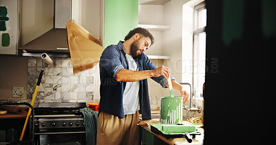 Buy stock photo Renovation, paint and man with phone call in home for color ideas, makeover update or decor advice. Kitchen remodeling, homeowner and contact supplier for DIY maintenance supplies or creative process