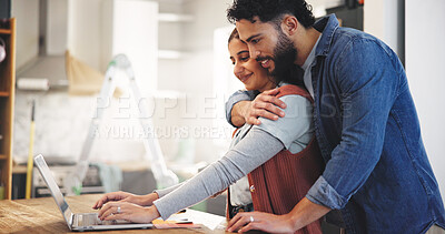 Buy stock photo Diy, hug and laptop with couple in kitchen of apartment together for home improvement or planning. Computer, maintenance and research with people embracing in new house for remodeling or repairs