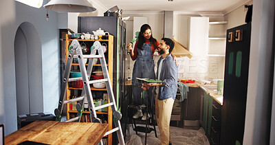 Buy stock photo Smile, couple and painting new house for renovation process, interior design and decoration. People, support and  chair with paint brush of DIY improvement, remodeling upgrade and repairs maintenance