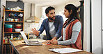 Laptop, planning and remodeling with couple in kitchen for renovation invoice, real estate and diy project. Contractor bill, property development and research with man and woman for home improvement 