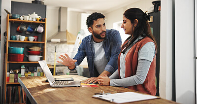 Buy stock photo Laptop, planning and remodeling with couple in kitchen for renovation invoice, real estate and DIY project. Contractor bill, property development and research with man and woman for home improvement 