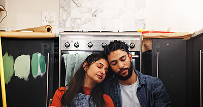 Buy stock photo Paint, renovation or couple tired with rest in kitchen for home upgrade, DIY makeover or nap. Interior design, people or sleeping with fatigue on floor for remodeling break, house maintenance or love