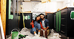 Paint, renovation break and couple sleeping in home for kitchen upgrade, diy makeover and hug. Interior design, people and holding hands with nap on floor for remodeling fatigue and house improvement