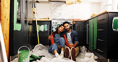 Buy stock photo Paint, renovation break and couple sleeping in home for kitchen upgrade, DIY makeover and hug. Interior design, people and holding hands with nap on floor for remodeling fatigue and house improvement