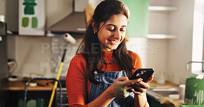 Buy stock photo DIY, maintenance and phone with woman in kitchen of apartment to search for home improvement ideas. App, communication and renovation with person in new house for interior design or online planning