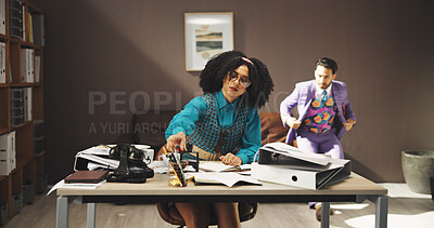 Buy stock photo Busy, fashion and planning with business woman at desk in retro office for clothing design. Documents, notebook and startup with employee people in vintage workplace for creative clothes styling