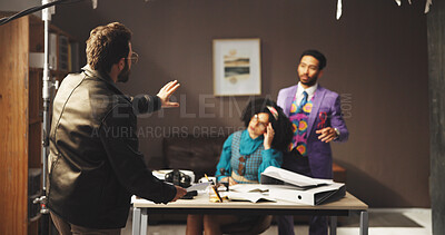 Buy stock photo Director, film and recording with talent on set for casting, rehearsal or videography instructions. Acting, behind the scenes and production with people in studio for direction, discussion or shoot