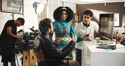 Buy stock photo Director, production team and discussion with actress for instructions, direction or plot in studio. People, producer and filmmaker with camera assistant or crew for film making, acting or scene cue