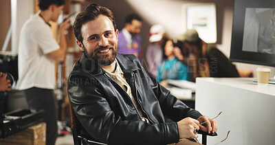 Buy stock photo Happy man, portrait or director with crew in production studio for film making scene or videography. Male person, producer or filmaker with smile, team or cast for acting, role play or cinematography