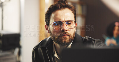 Buy stock photo Thinking, man and editor in studio for editing with post production, process or casting online. Planning, solution and director watching scenes for artistic project with shoot at creative agency.