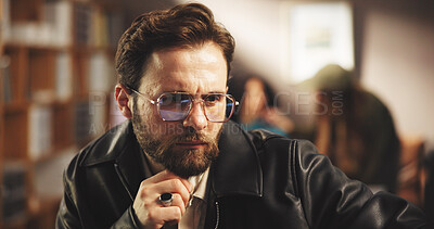 Buy stock photo Thinking, man and director in studio for editing with post production, process or casting online. Planning, solution and filmmaker watching scenes for artistic project with shoot at creative agency.